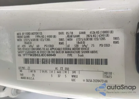 2018 Ford F-250 Xlt из США, поврежденный, VIN 1FT7W2B62JEC60849